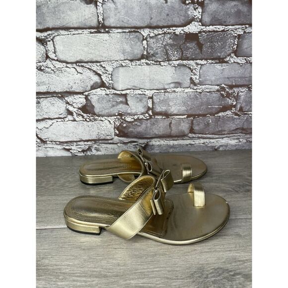 Salvatore Ferragamo Gold Leather Bow Slides Flat Sandals Women’s Sz 5.5M US/36EU - Picture 5 of 16